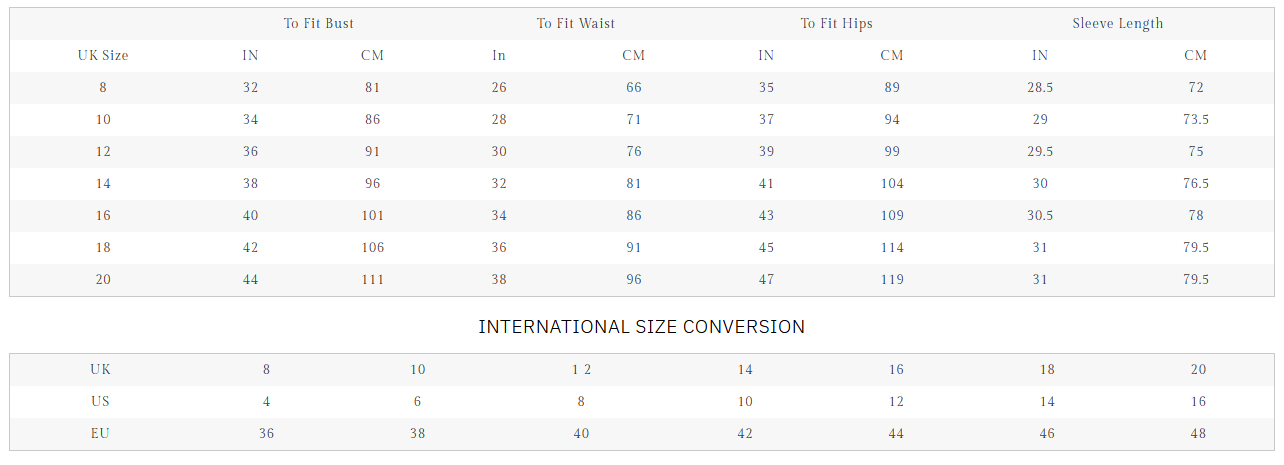 2025 ALN PAINE WOMENS JACKETS, WAISTCOATS & SHIRTS - REGULAR FIT  Size Chart